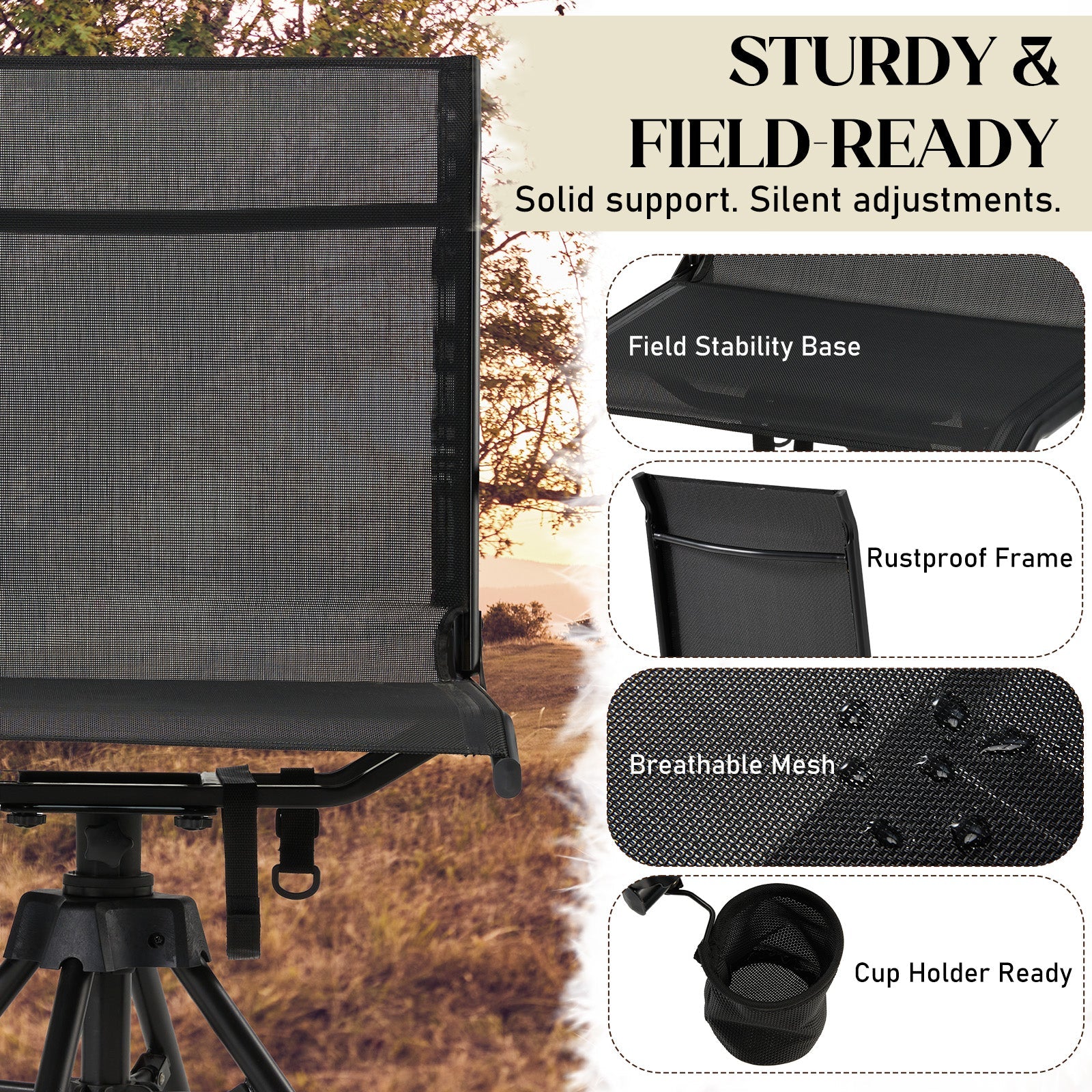 AECOJOY Hunting Chair Without Armrests, Lightweight Foldable Design, 360° Swivel for Blinds & Outdoor Use