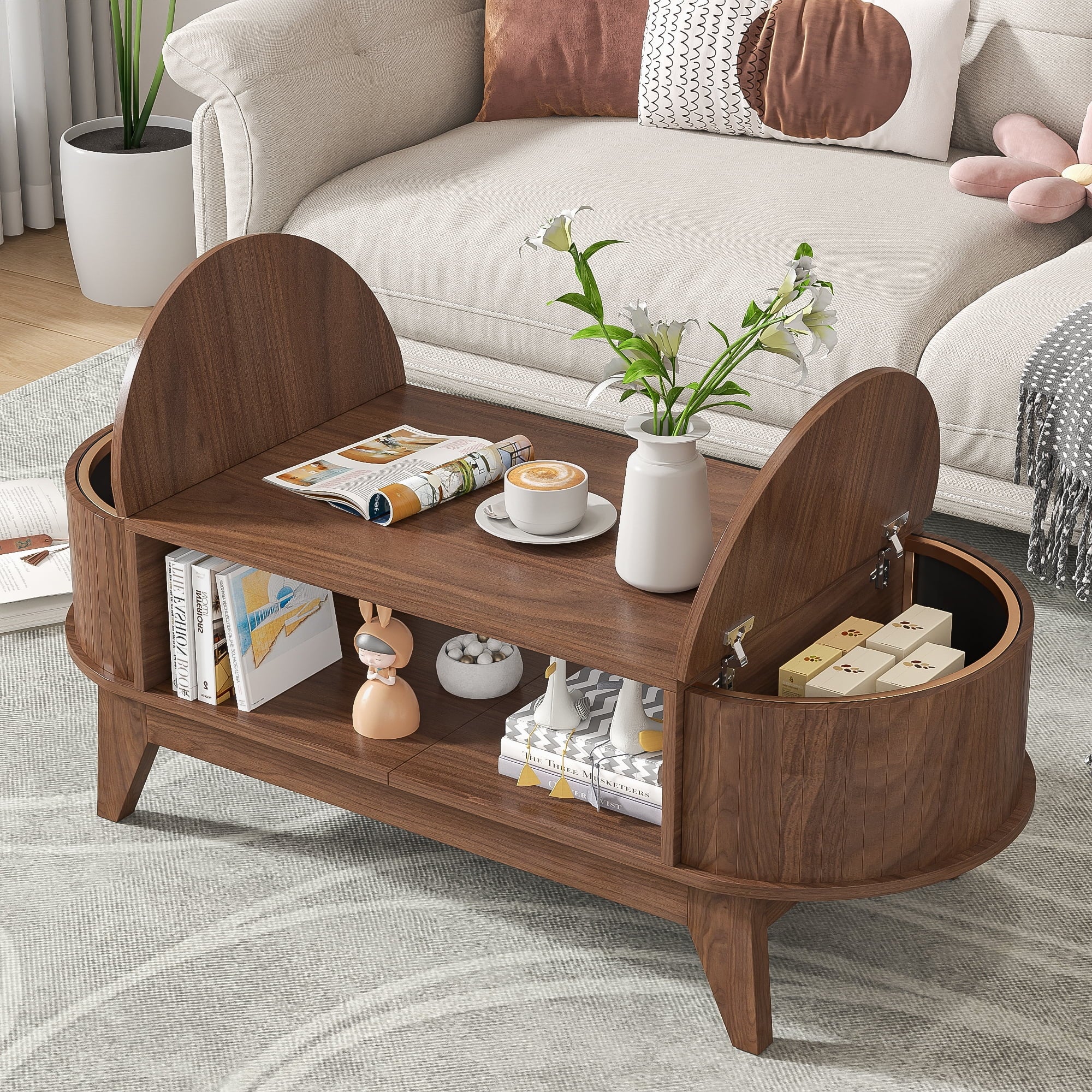 Fluted Coffee Table with Storage, Modern Coffee Tables, Wood Accent Center Table