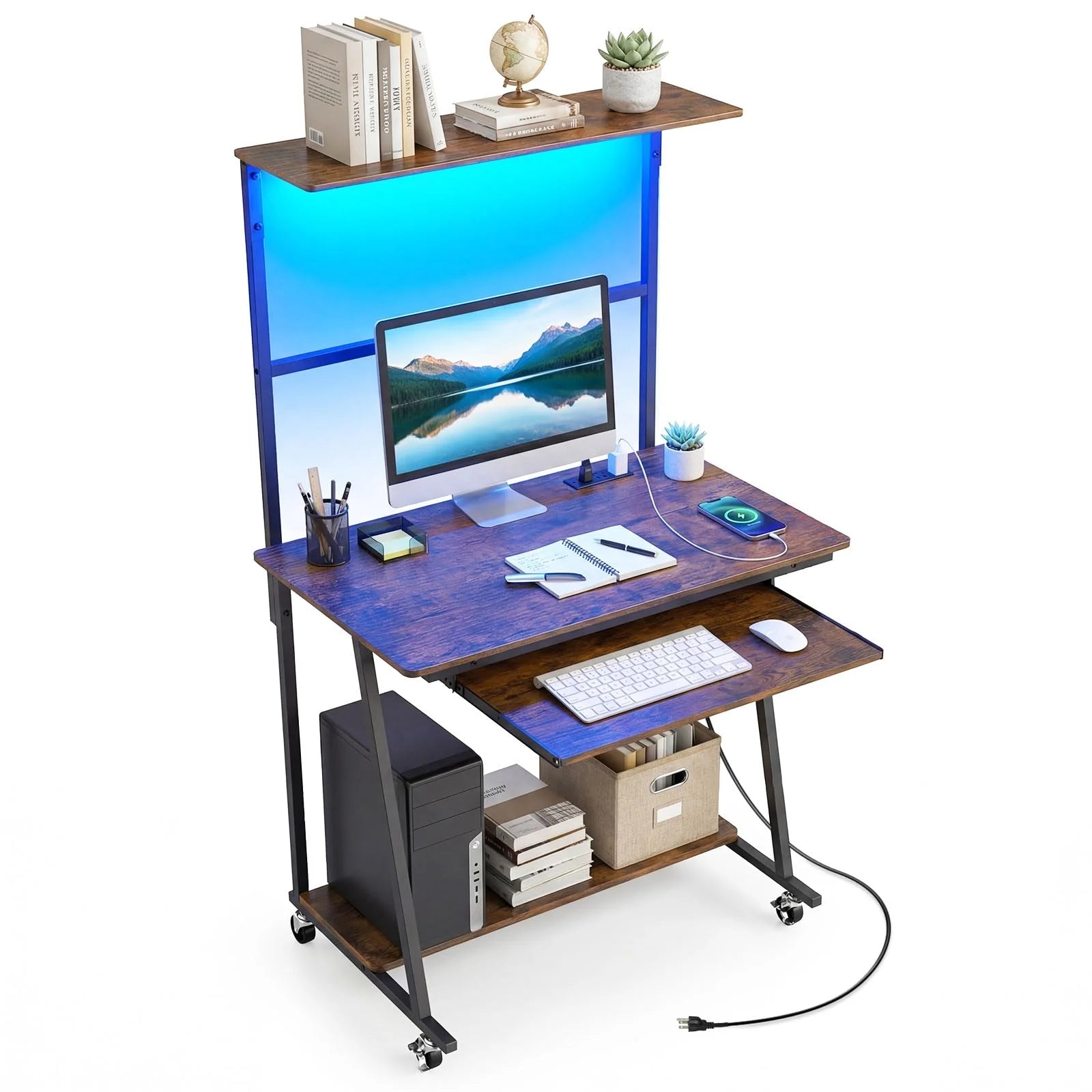 Tangkula Rolling Computer Desk Cart with Keyboard Tray & Charging Station