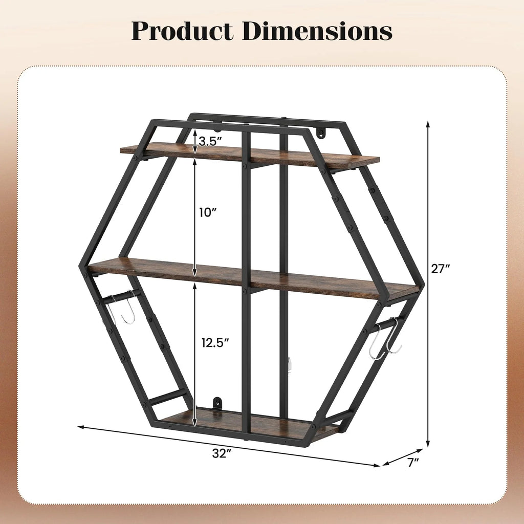 Tangkula Hexagon Wall Shelf with 4 S-Shaped Hooks & Heavy Duty Metal Frame