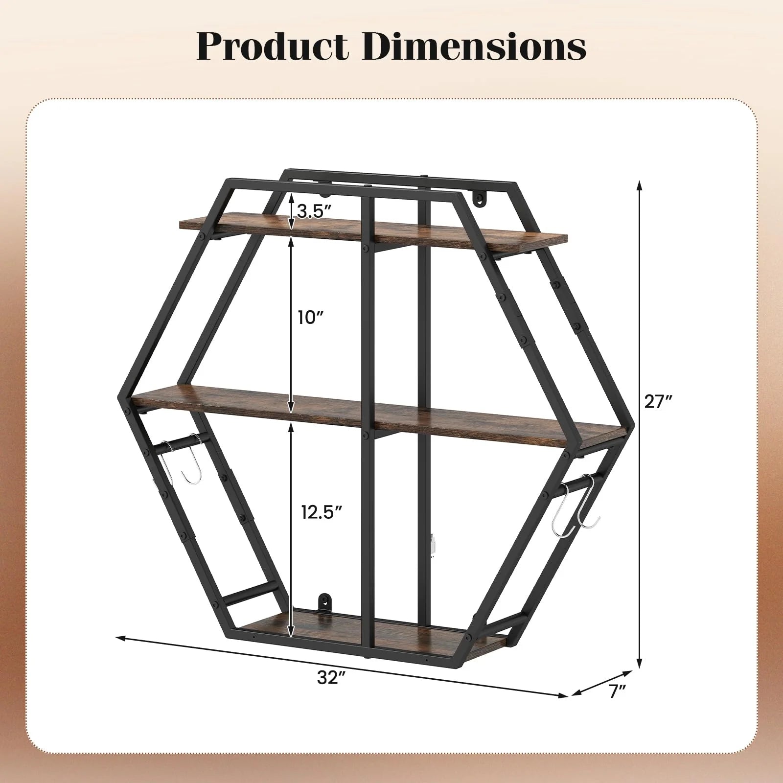 Tangkula Hexagon Wall Shelf with 4 S-Shaped Hooks & Heavy Duty Metal Frame