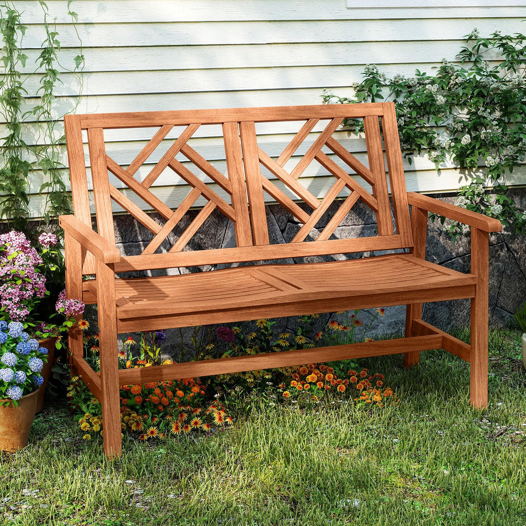 Tangkula Outdoor Bench Wood 2-Person Patio Loveseat Chair with Geometric Backrest