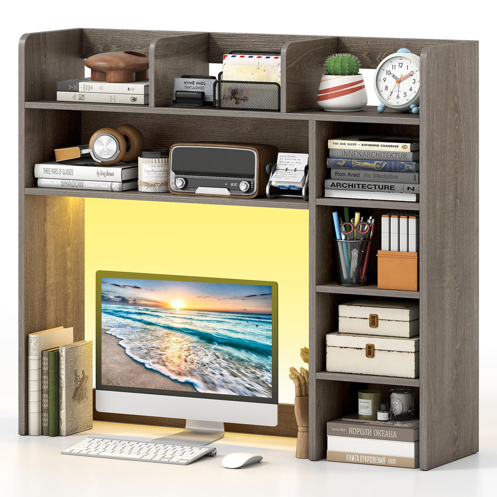 Tangkula Desktop Bookshelf with LED Lights | Desk Hutch with 8 Shelves for Max 25" Monitor