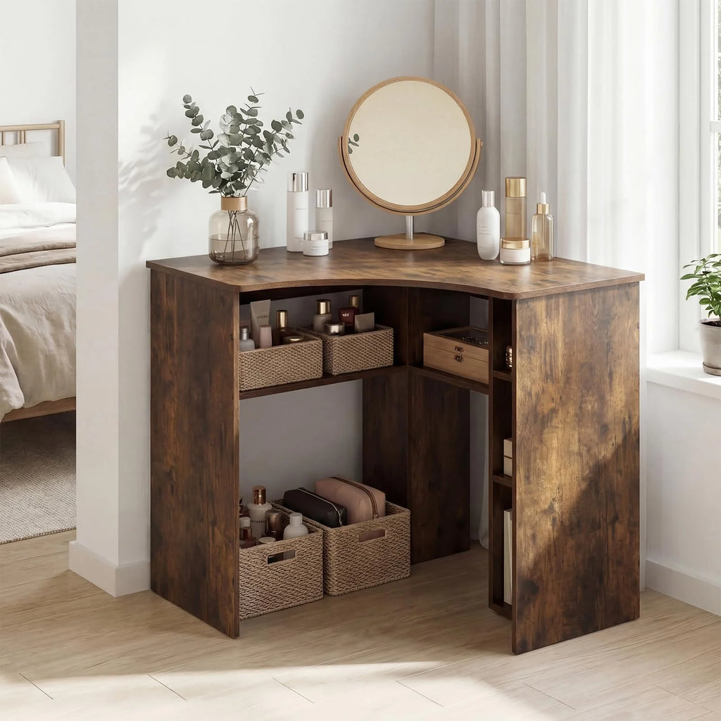 Tangkula 90-Degree Triangle Corner Desk with Charging Station & Open Storage Shelves