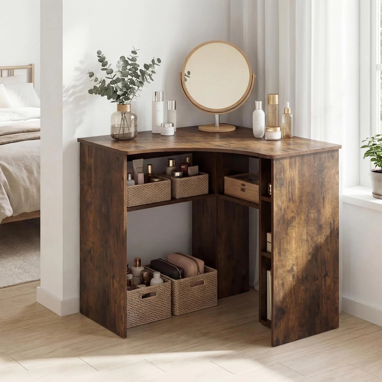 Tangkula 90-Degree Triangle Corner Desk with Charging Station & Open Storage Shelves