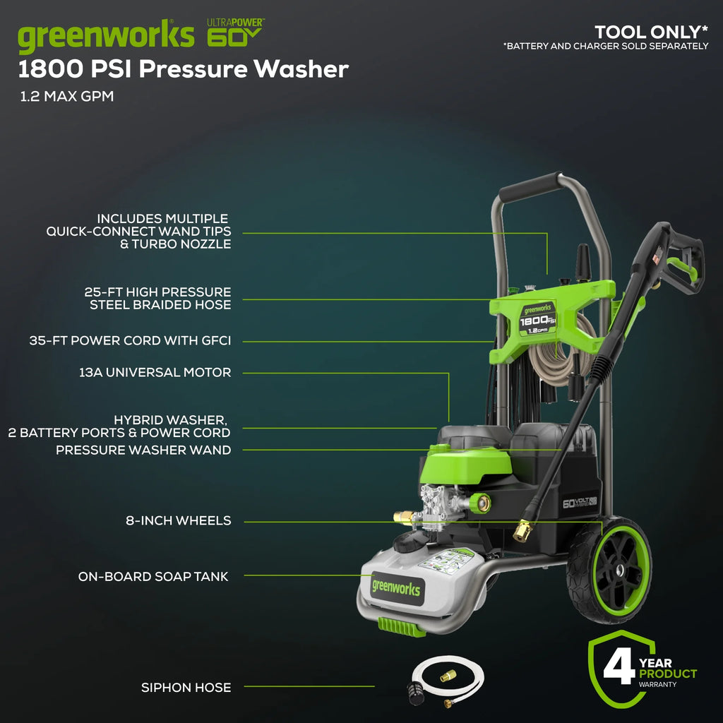 Greenworks Hybrid 60V 1800 PSI at 1.2 GPM Electric Cold Water Pressure Washer 5109402T