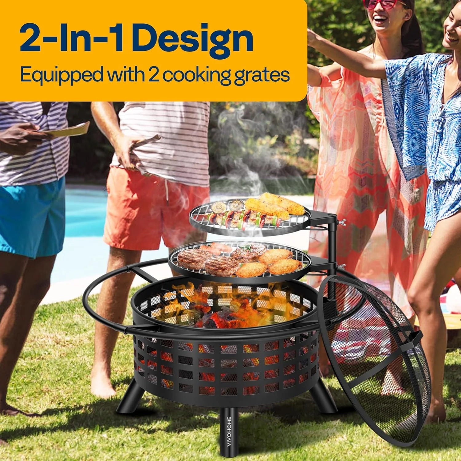 SPECSTAR 3 - in - 1 Fire Pit35 in Wood Burning Firepits with Cooking Grill Grate & Charcoal Pan & Cover Lid, Metal Table for Backyard Bonfire BBQ Outdoor Camping Picnic