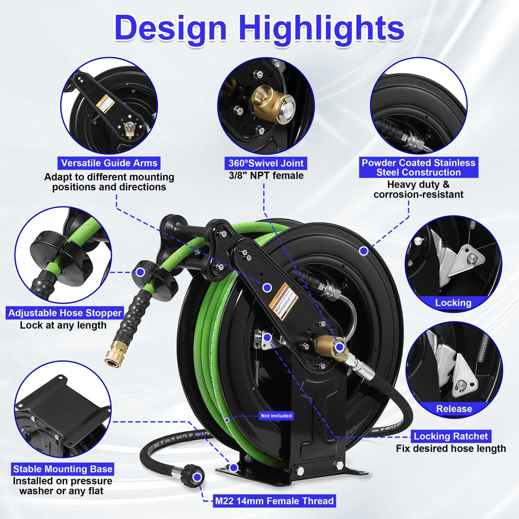 Auto - Retractable Pressure Washer Hose Reel, 50FT x 3/8" Heavy Duty Steel Power Washer Hose Reel Dual Arm, 4000 PSI