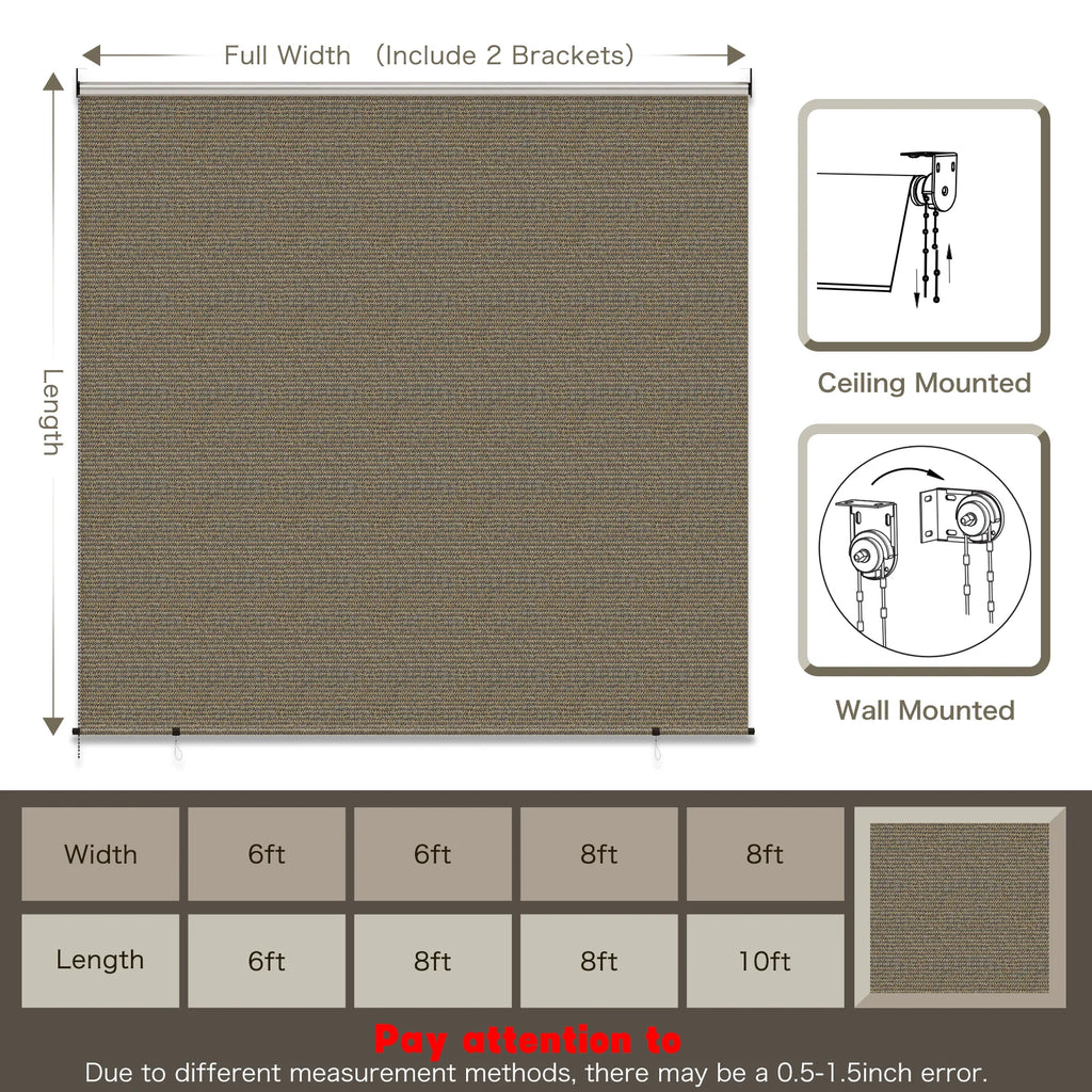 AECOJOY Outdoor Roller Shade, 8'(W) x6'(H) Sun Shade Cover Canopy, Mocha&Gray