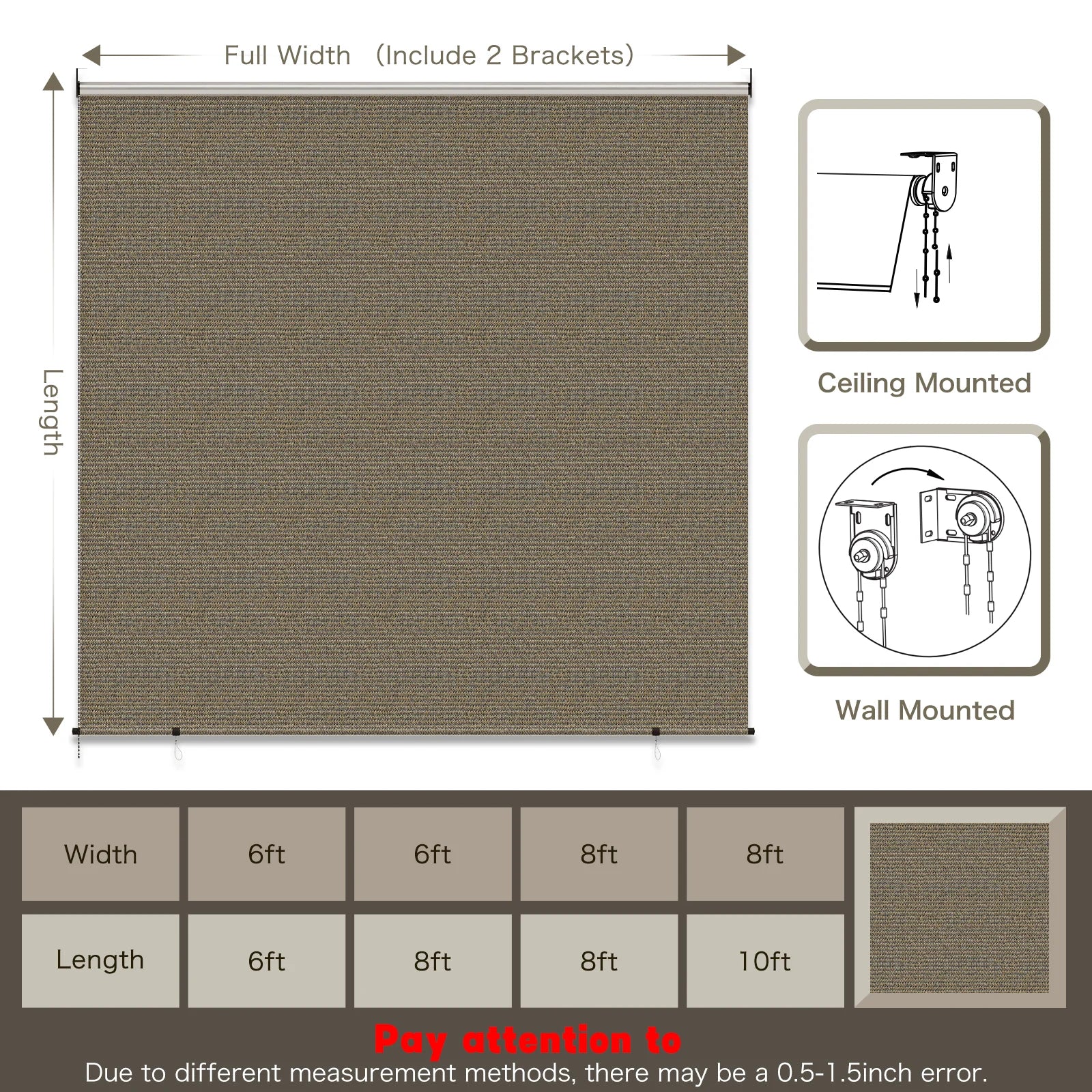 AECOJOY Outdoor Roller Shade, 8'(W) x6'(H) Sun Shade Cover Canopy, Mocha&Gray
