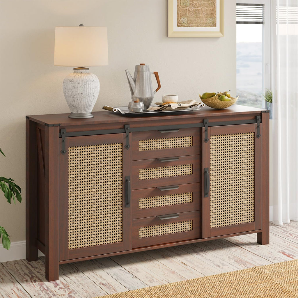 AECOJOY Farmhouse Sideboard Buffet Cabinet with Storage, Rattan Kitchen Cabinet w/Sliding Barn Doors & 4 Drawers