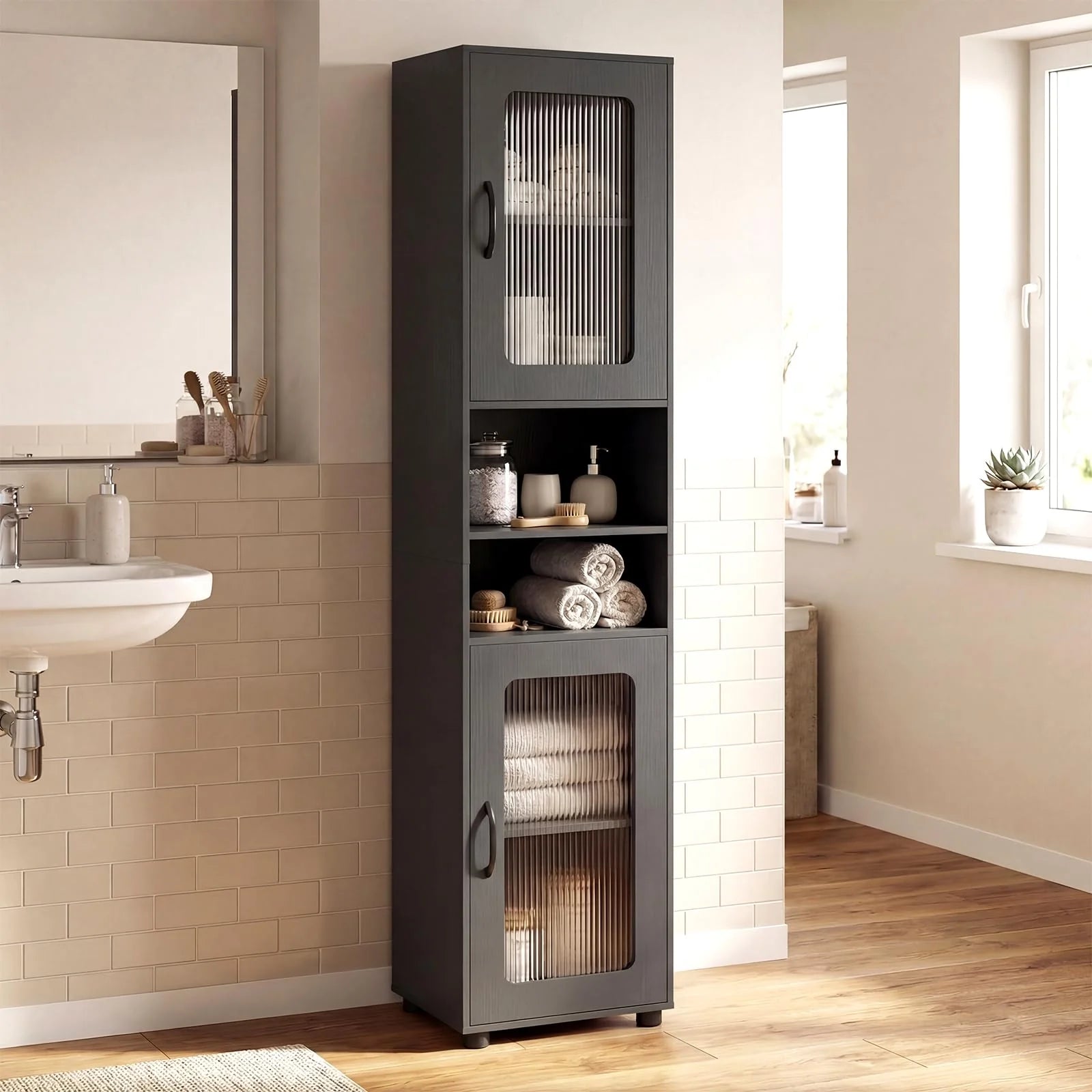 Tangkula 67” Tall Bathroom Cabinet Adjustable Open Shelf Space-Saving Modern Corner Tower