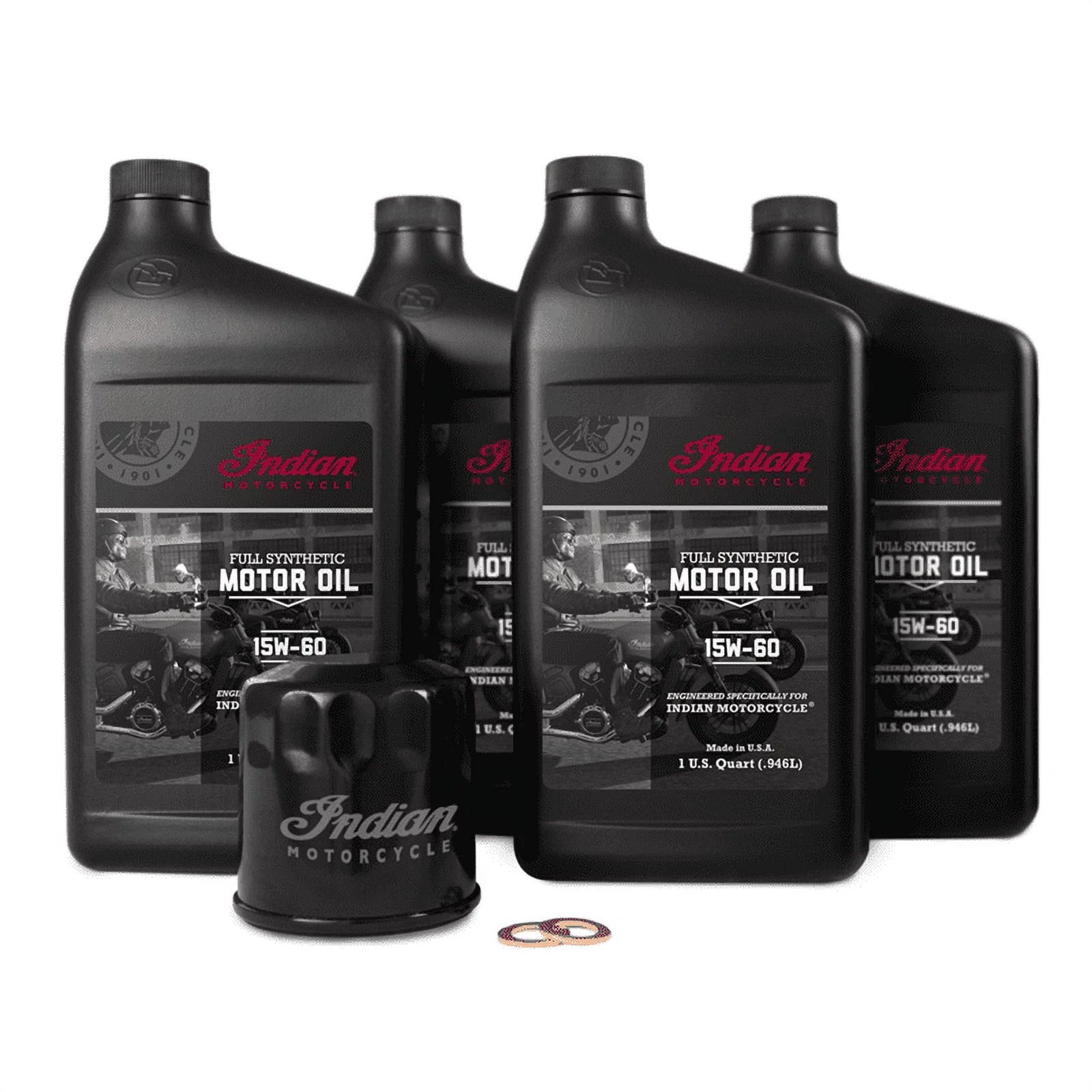 Indian Motorcycle Scout Oil Change Kit with Full Synthetic 15W - 60 Motor Oil, 4 Quarts, 2 Washers