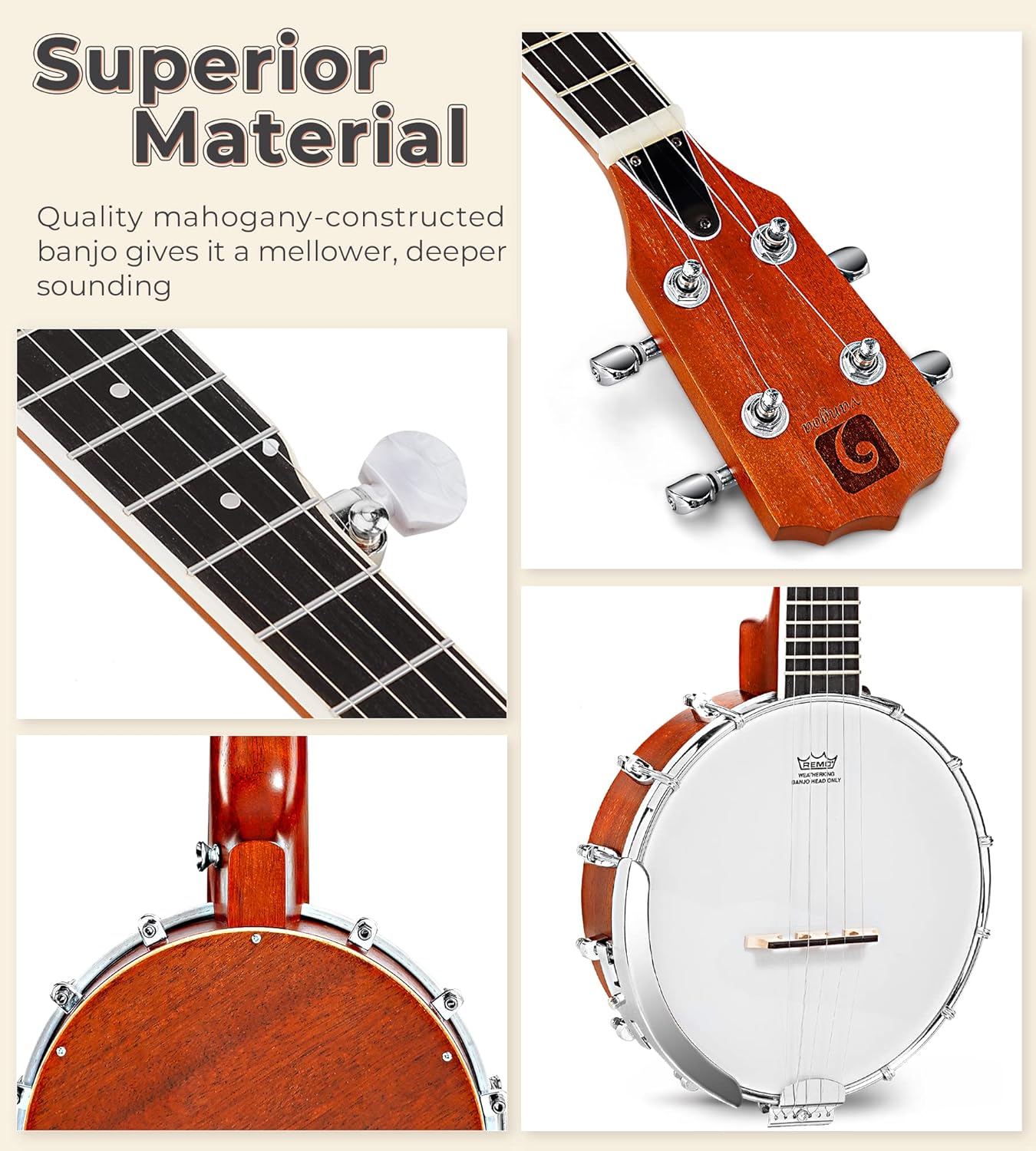 Banjo 5 String Full Size Banjos Set with Resonator. Remo Head. Beginner Banjo Kit with Closed Back. Premium Accessories for Adults. Teenager