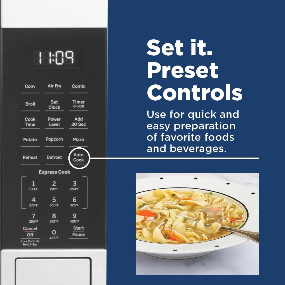 Open Box GE 3 - in - 1 Microwave Oven, 1, 050 Watts Air Fryer, Broiler and Convection Mode, Child - Lock Technology, Kitchen Essentials for the Countertop or Dorm Room, 1.0 Cu. Ft., Stainless Steel