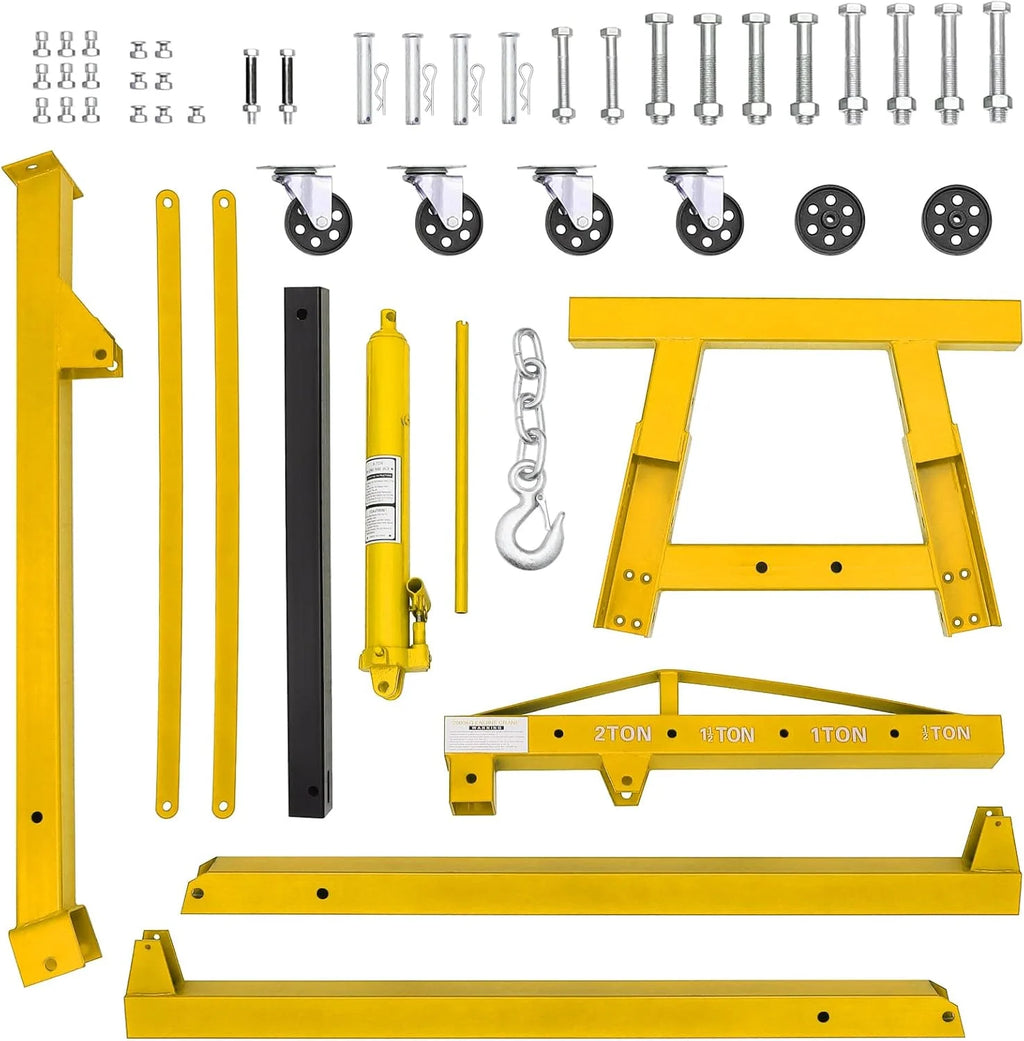 Joankaren 2 Ton Folding Hydraulic Engine Hoist, Heavy - Duty Engine Shop Crane Hoist Lift, Heavy Cherry Picker with 6 Wheels, Yellow