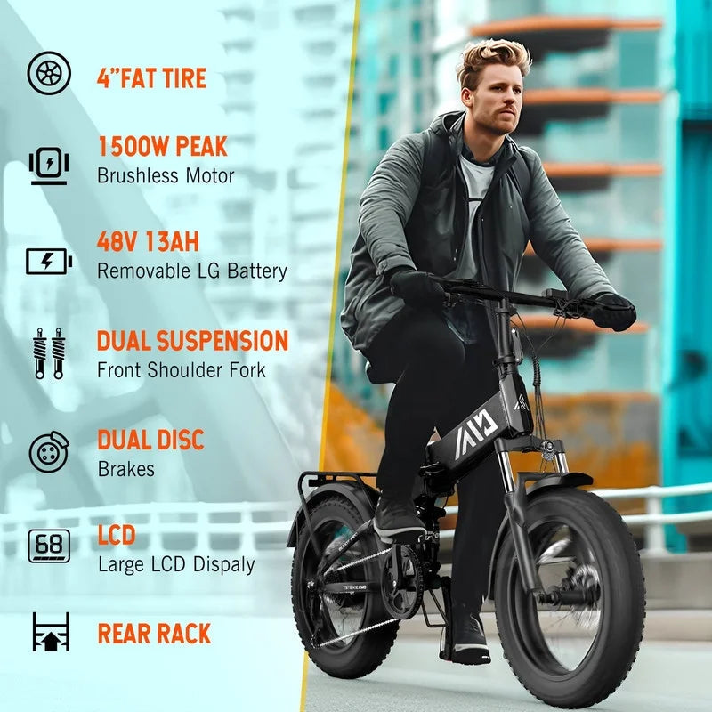 TST Electric Bike 4.0 Fat Tire Foldable Ebike 48V 13Ah Battery 750W Electric Commuter Bicycle with LCD 20" One-Step Folding Electric City Bike for Men Women Black