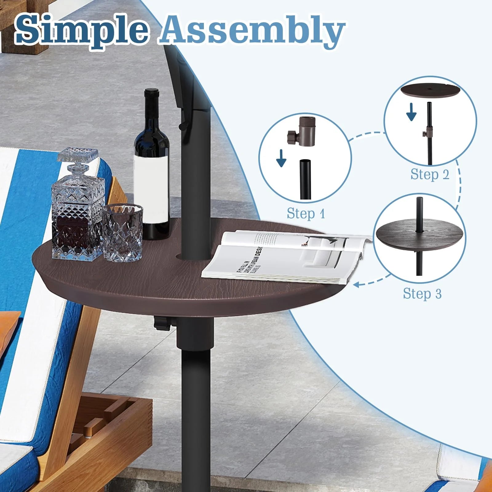 Tangkula 20" Umbrella Table 1.5" & 1.9" Umbrella Hole Faux Wood Grain Portable Round Umbrella Table Top