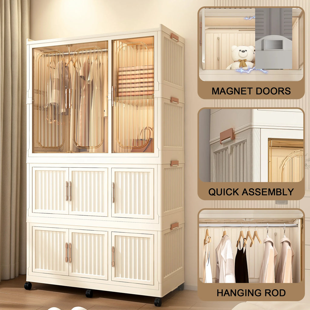 Montary Kids Portable Wardrobe W/ Magnetic Doors & Hanging Rod - 4 - Cube Plastic Storage Cabinet, Nursery/Bedroom