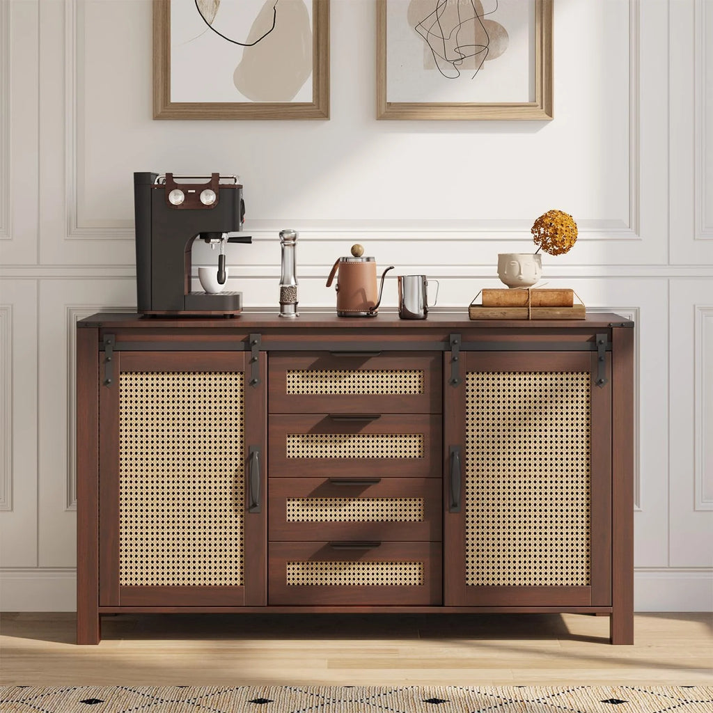 AECOJOY Farmhouse Sideboard Buffet Cabinet with Storage, Rattan Kitchen Cabinet w/Sliding Barn Doors & 4 Drawers