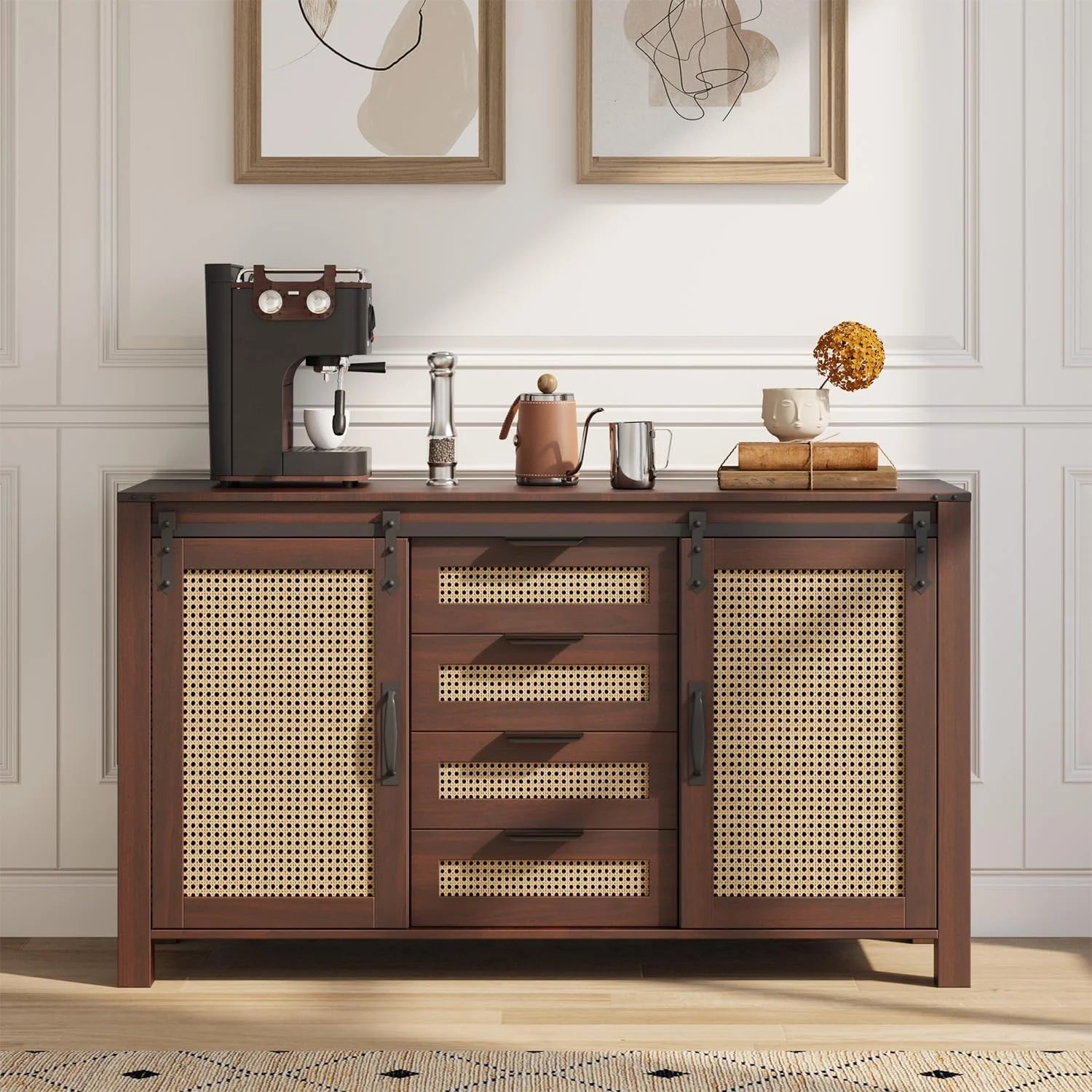 AECOJOY Farmhouse Sideboard Buffet Cabinet with Storage, Rattan Kitchen Cabinet w/Sliding Barn Doors & 4 Drawers