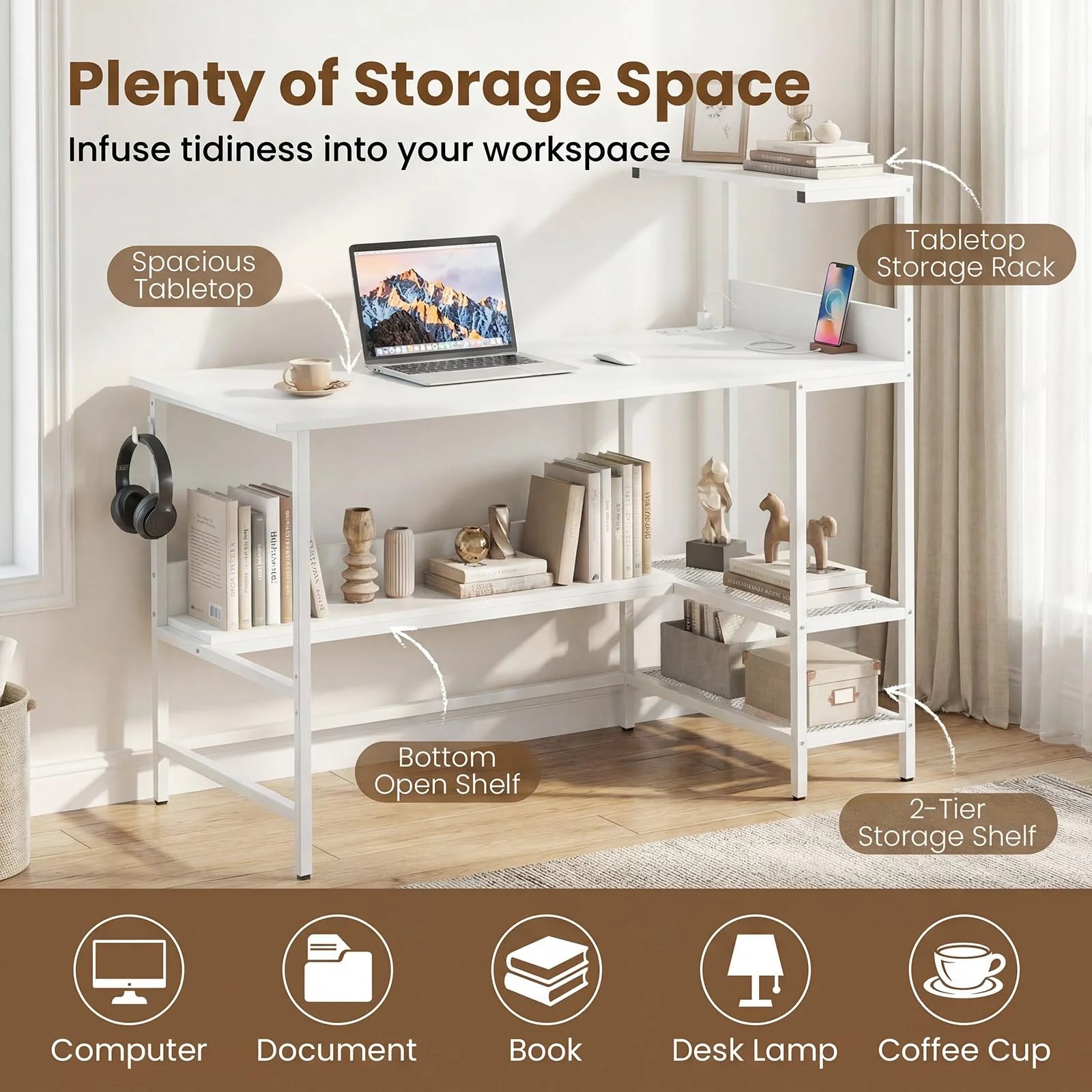 Tangkula 48" Reversible Computer Desk with Bookshelves & Power Outlets