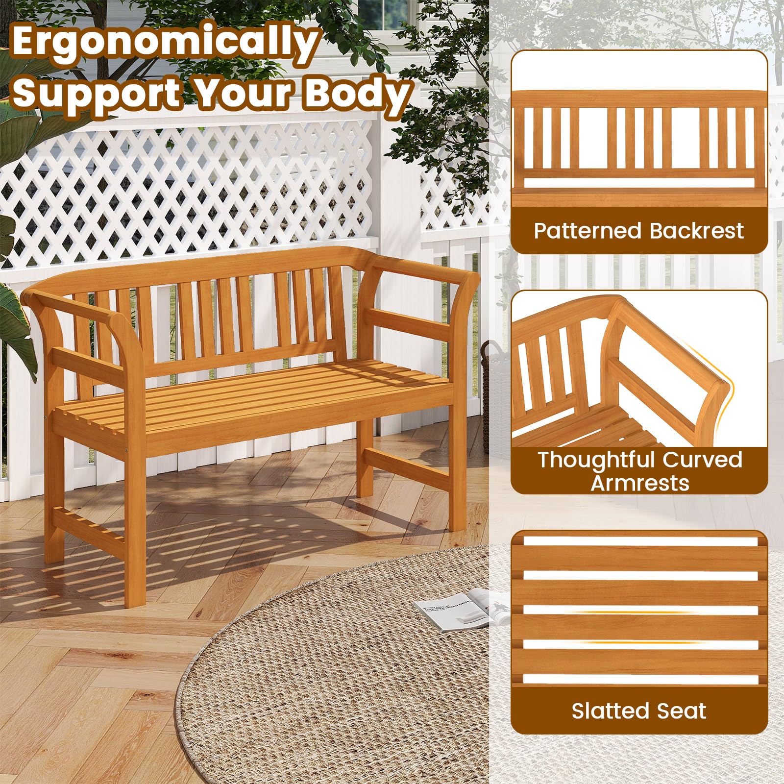 Tangkula Acacia Wood Outdoor Bench with Curved Armrests