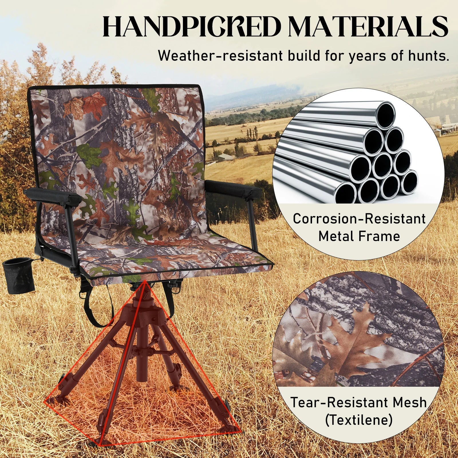 AECOJOY 360 Degree Silent Swivel Hunting Blind Chair with Bottle Rack,  Adjustable Height Camo Portable Foldable Outdoor Hunting and Fishing Chair