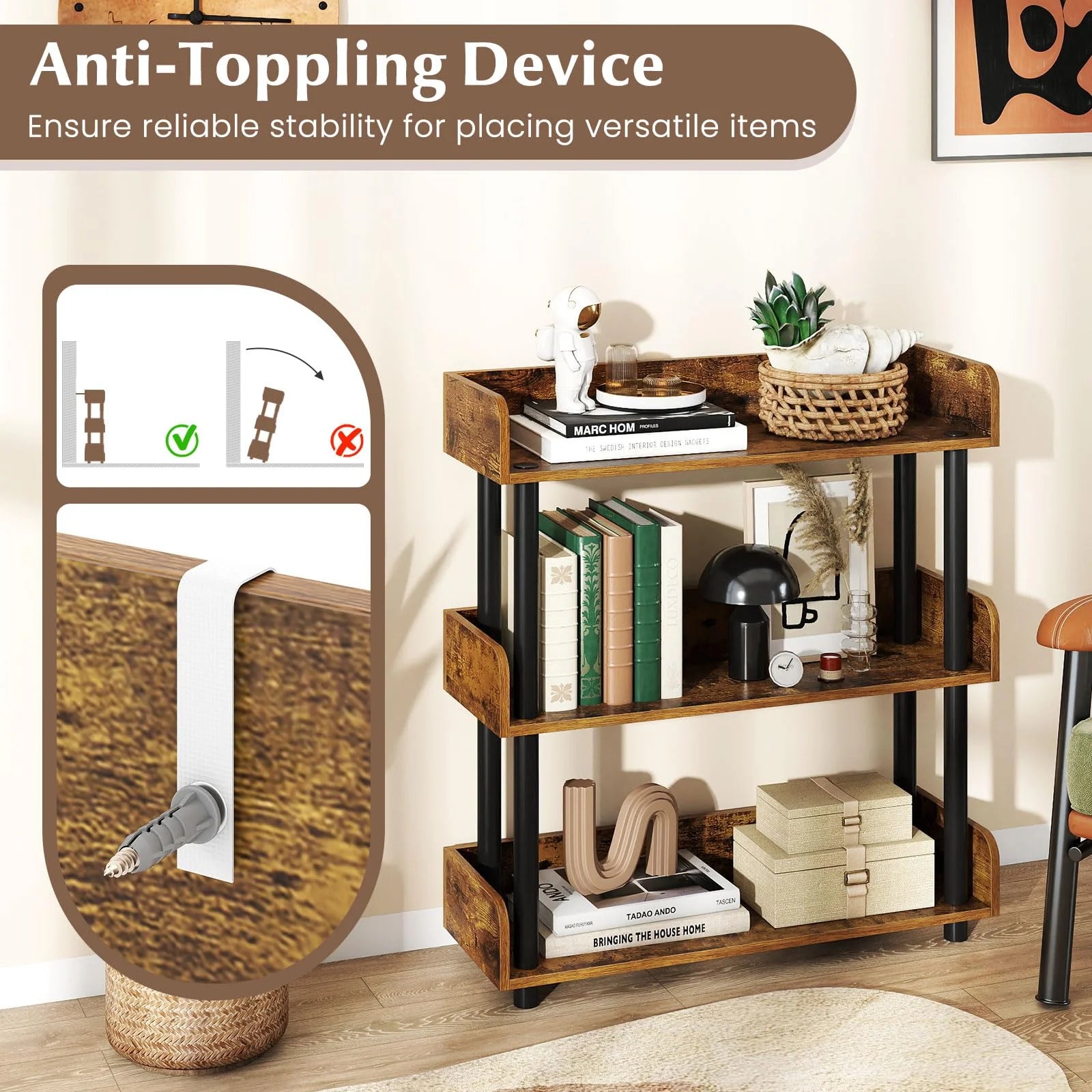 Tangkula 3-Tier Bookshelf Multipurpose Wood Standing Display Rack with Back and Side Panels