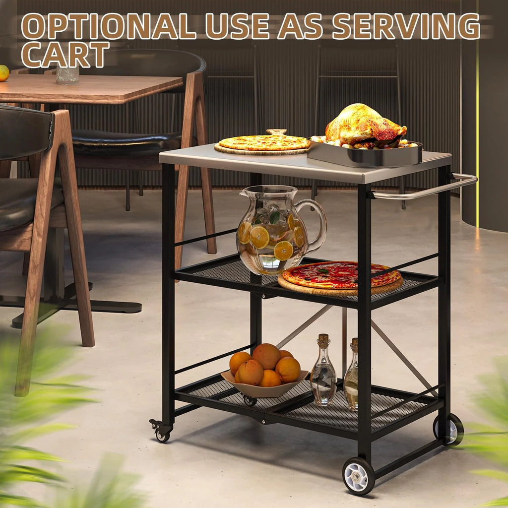 AECOJOY Outdoor Grill Cart Table, Stainless Steel Pizza Oven Stand Trolley Table with Wheels & Handle, Silver