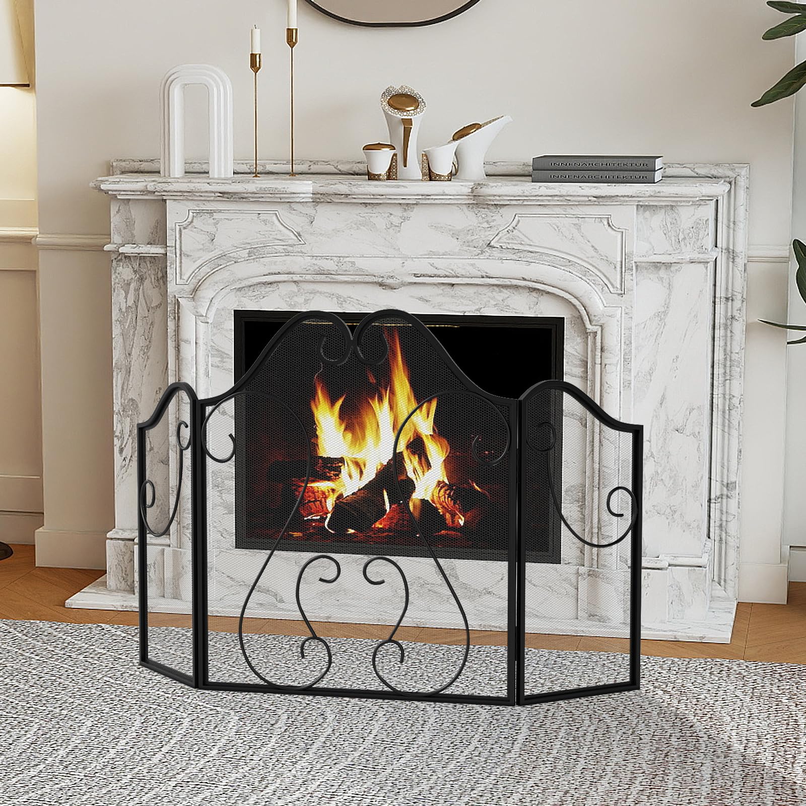 Tangkula 3 Panel Fireplace Screen with Decorative Scroll