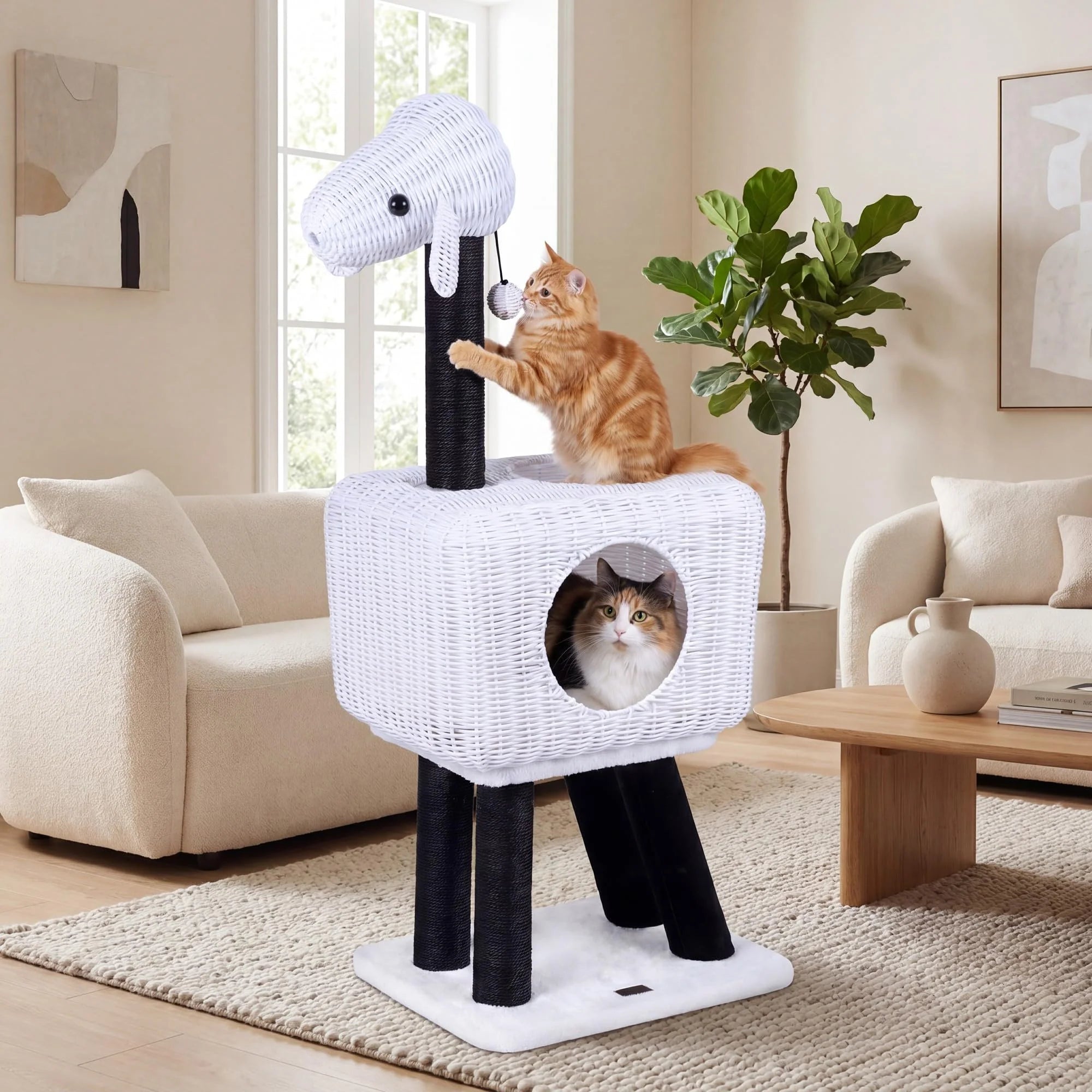 Tangkula 43 Inch Sheep-Shaped Cute Cat Tower with 2-Cave Large Wicker Condo