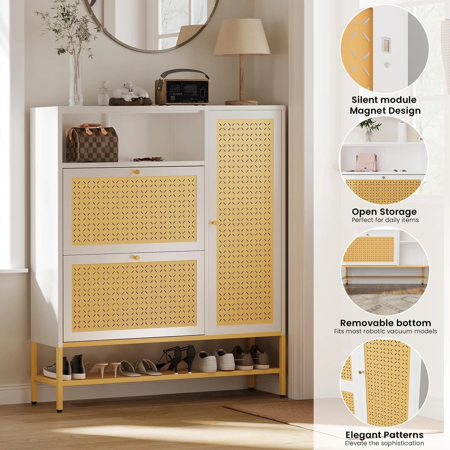 AECOJOY Shoe Storage Cabinet with 2 Flip Drawers - Hidden Shoe Organizer for Entryway, Metal Shoe Rack with Door & Open Storage