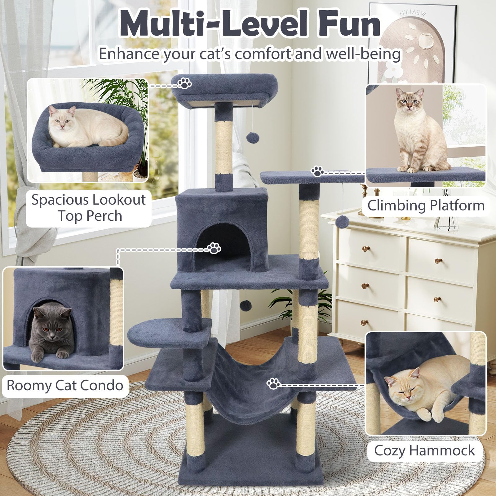 Tangkula 58 Inch Multi-Level Cat Tree Soft Plush Cat Tower with Padded Top Perch