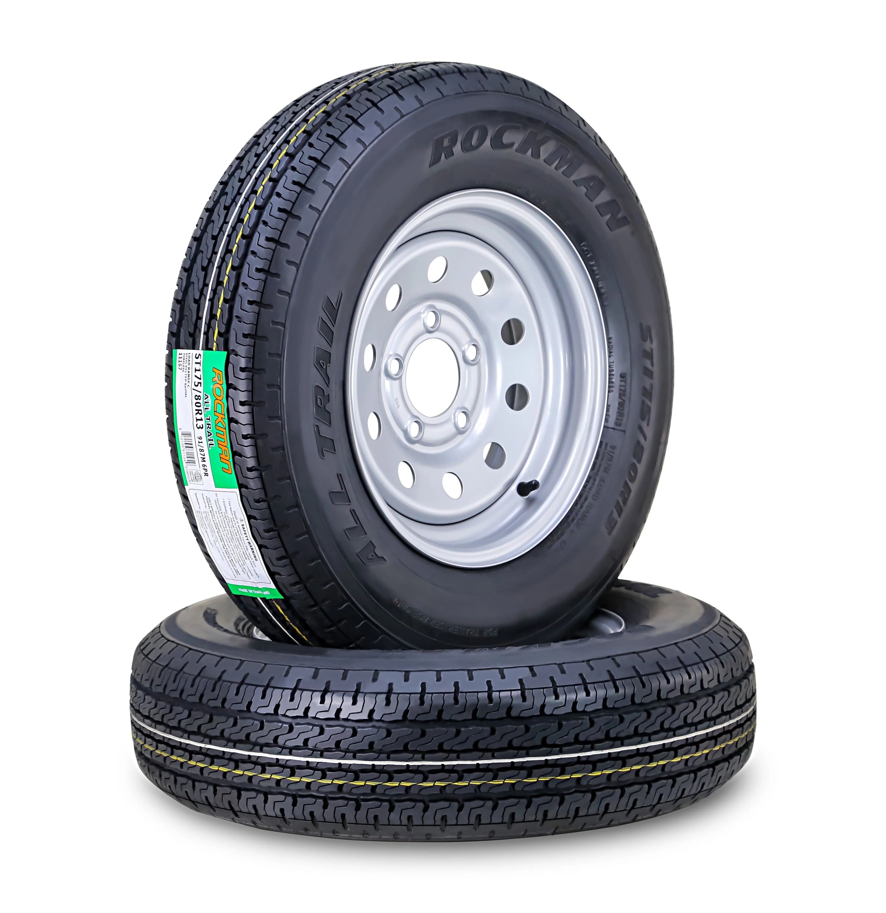 ROCKMAN Trailer Tire Wheel Assembly ST175/80R13 6 - Ply C 91M 5 Lug on 4.5" PCD Silver Mod Rim, SET 2
