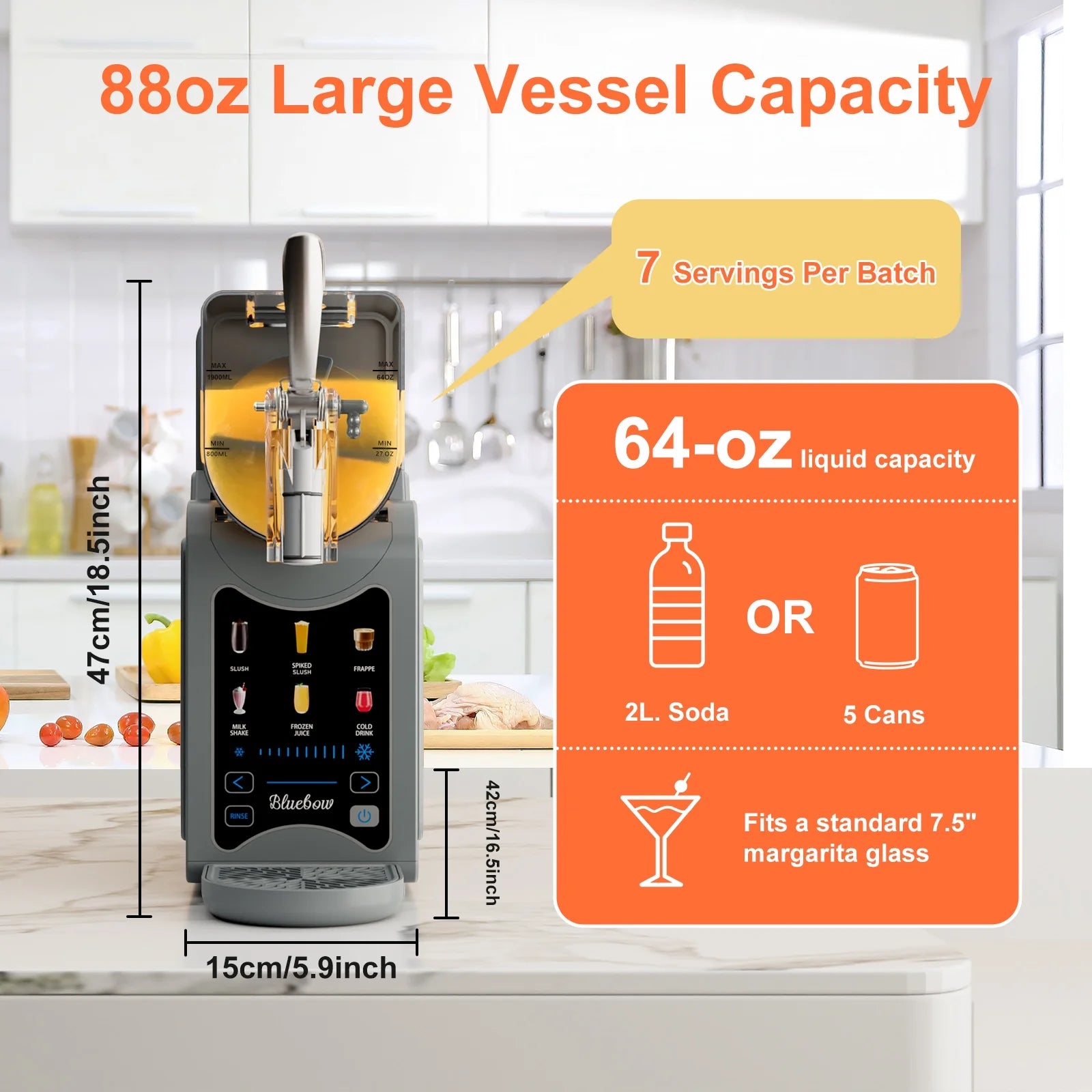 Bluebow Slushie Machine for Home, 88 oz Vessel Slush Maker with 6 Presets, No Ice Needed, Frozen Drink Maker for Smoothie, Frappe, Milkshakes and More