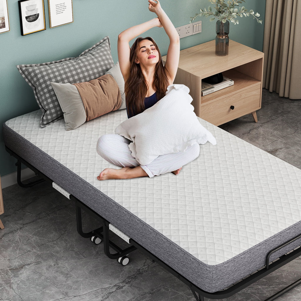 Folding Bed with Mattress 75" x 31" Cot Size Folded Bed, Rollaway Guest Bed Portable Foldable Extra Bed for Adults Daybed with 5" Memory Foam Mattress Space - Saving Sturdy Metal Grid Frame