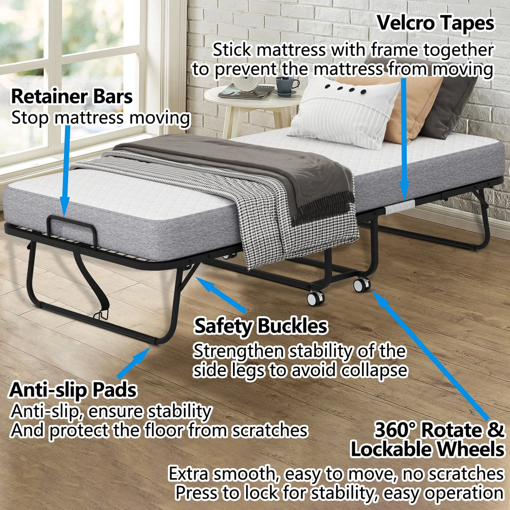 Folding Bed with Mattress 75" x 31" Cot Size Folded Bed, Rollaway Guest Bed Portable Foldable Extra Bed for Adults Daybed with 5" Memory Foam Mattress Space - Saving Sturdy Metal Grid Frame