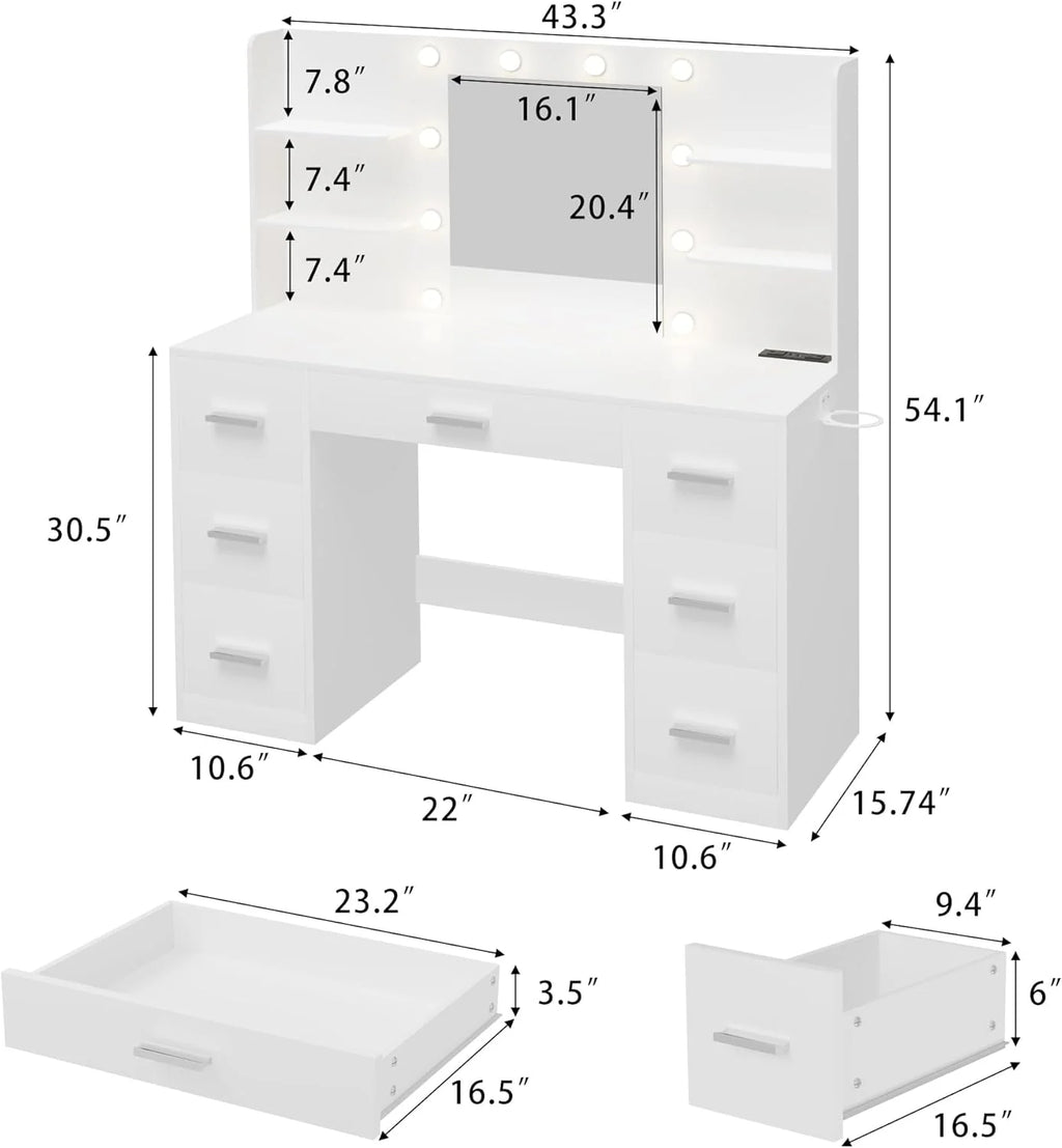 Vanity Desk with Mirror LED Lights and Power Outlet Makeup with 7 Drawers