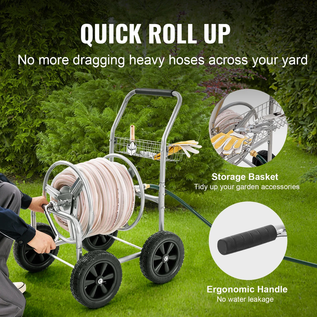 VEVOR Hose Reel Cart, Hold up to 250 Ft of 5/8 Hose, Garden Water Hose Carts Mobile Tools with 4 Wheels, Heavy Duty Powder - Coated Steel Outdoor Planting with Storage Basket, for Garden, Yard, Lawn