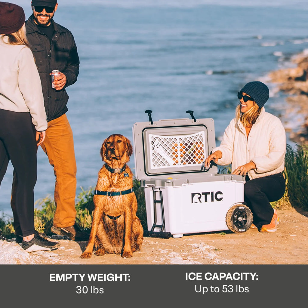 RTIC 52 QT Ultra - Light Wheeled Hard - Sided Ice Chest Cooler, Fits 78 Cans, White & Grey