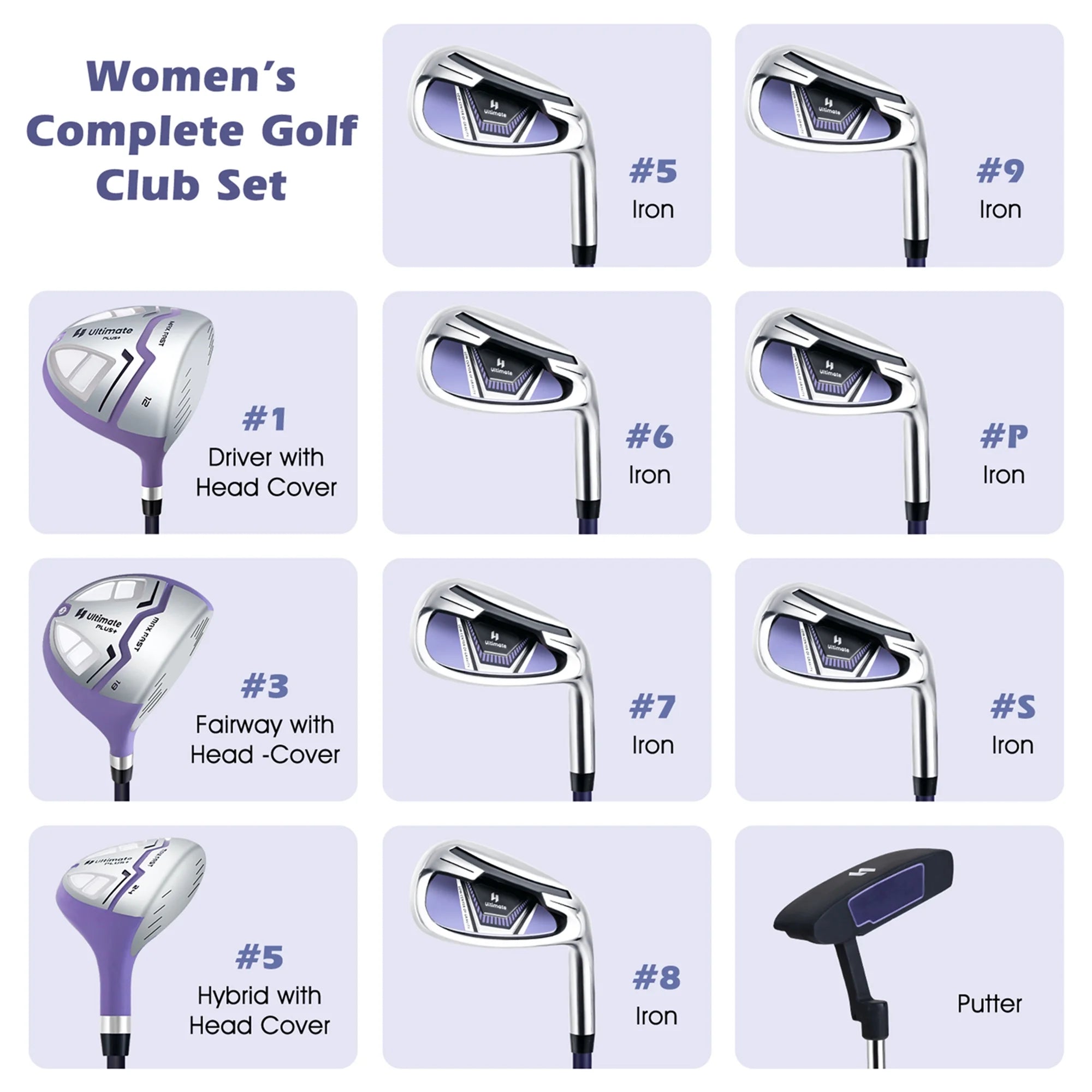 Ultimate Womens Complete Golf Club Set Golf Club Package Set W/ Rain Hood, Right Hand Purple