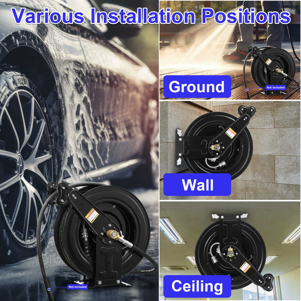 Auto - Retractable Pressure Washer Hose Reel, 50FT x 3/8" Heavy Duty Steel Power Washer Hose Reel Dual Arm, 4000 PSI
