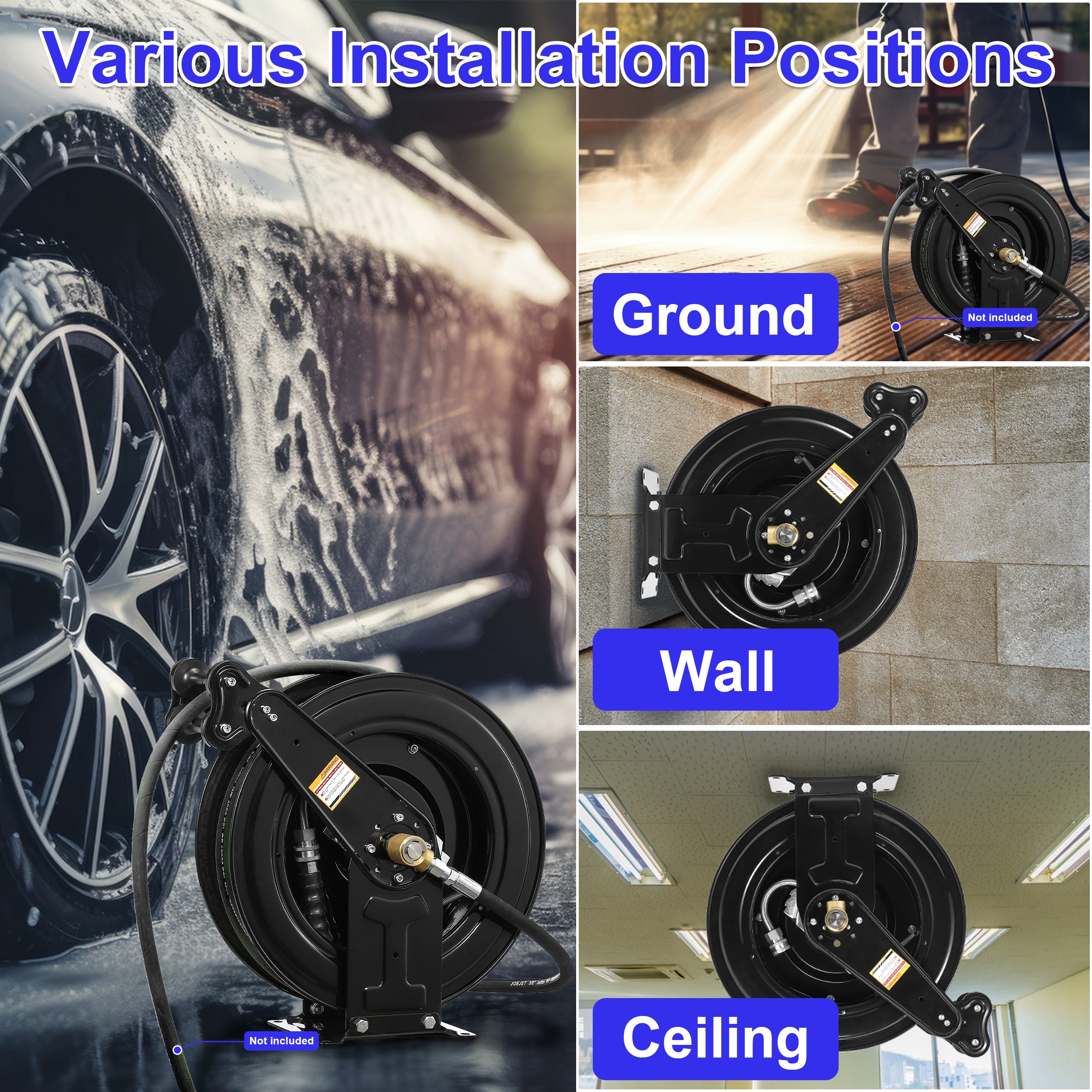 Auto - Retractable Pressure Washer Hose Reel, 50FT x 3/8" Heavy Duty Steel Power Washer Hose Reel Dual Arm, 4000 PSI