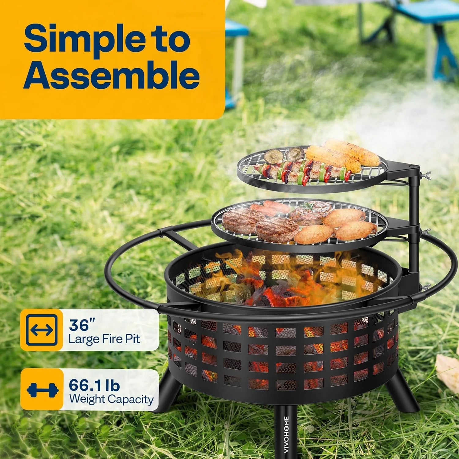 SPECSTAR 3 - in - 1 Fire Pit35 in Wood Burning Firepits with Cooking Grill Grate & Charcoal Pan & Cover Lid, Metal Table for Backyard Bonfire BBQ Outdoor Camping Picnic