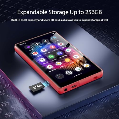 128GB MP3 Player with Bluetooth and WiFi，Music Video Player with Spotify Pandora,Amazon Music, 5" Touch Screen Android MP4 MP3 Player for Kids with Audible, YouTube, Spotify Kids,up to 256GB (Red)