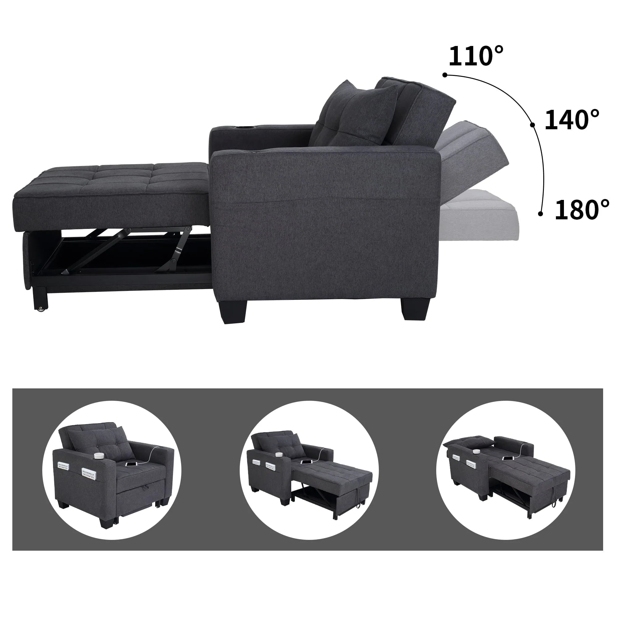 DURASPACE 3 in 1 Convertible Sleeper Chair Bed with Usb Port, Linen Pull Out Chair Indoor, Dark Gray