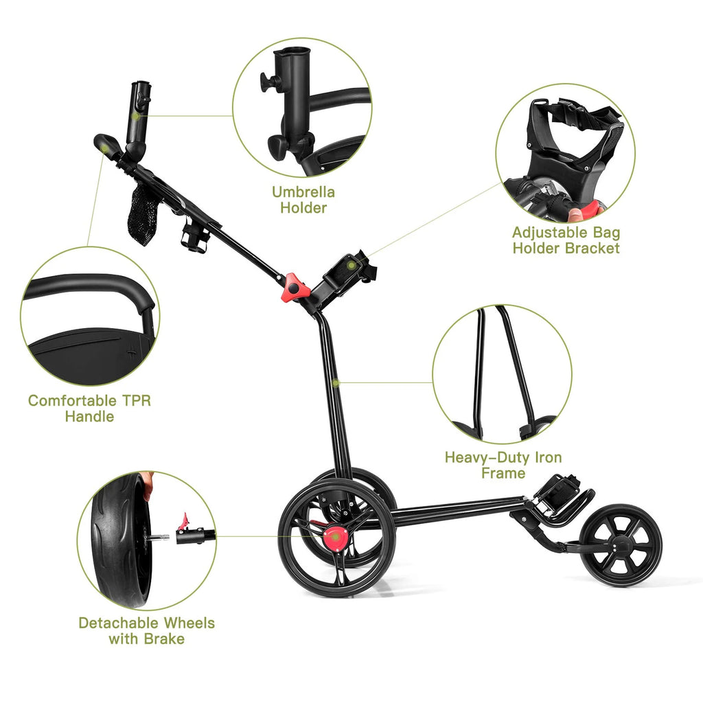 Tangkula Golf Push Cart, Lightweight Collapsible Golf Pull Cart, 3 Wheels Golf Trolley with Foot Brake Umbrella Holder & Cup Holder