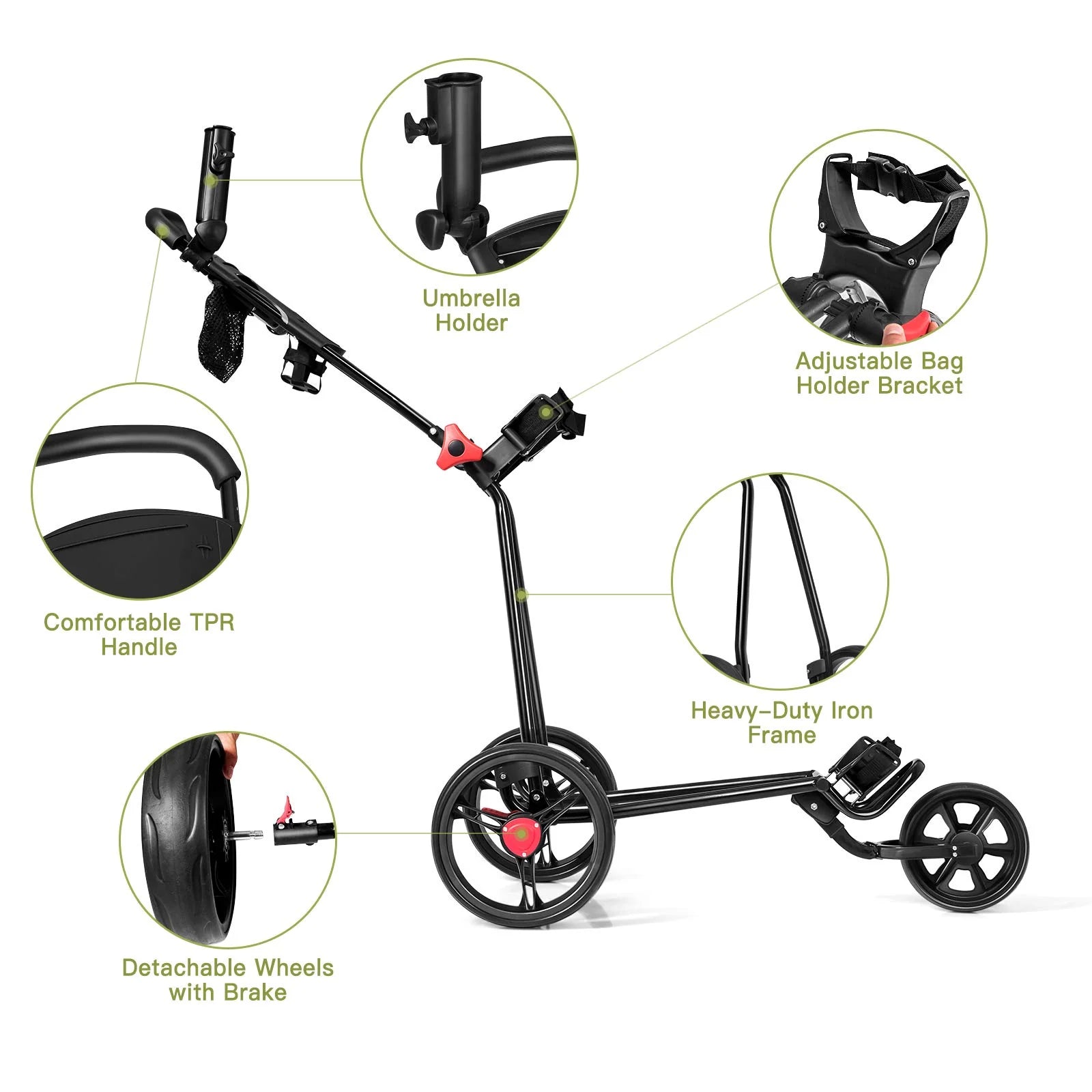 Tangkula Golf Push Cart, Lightweight Collapsible Golf Pull Cart, 3 Wheels Golf Trolley with Foot Brake Umbrella Holder & Cup Holder