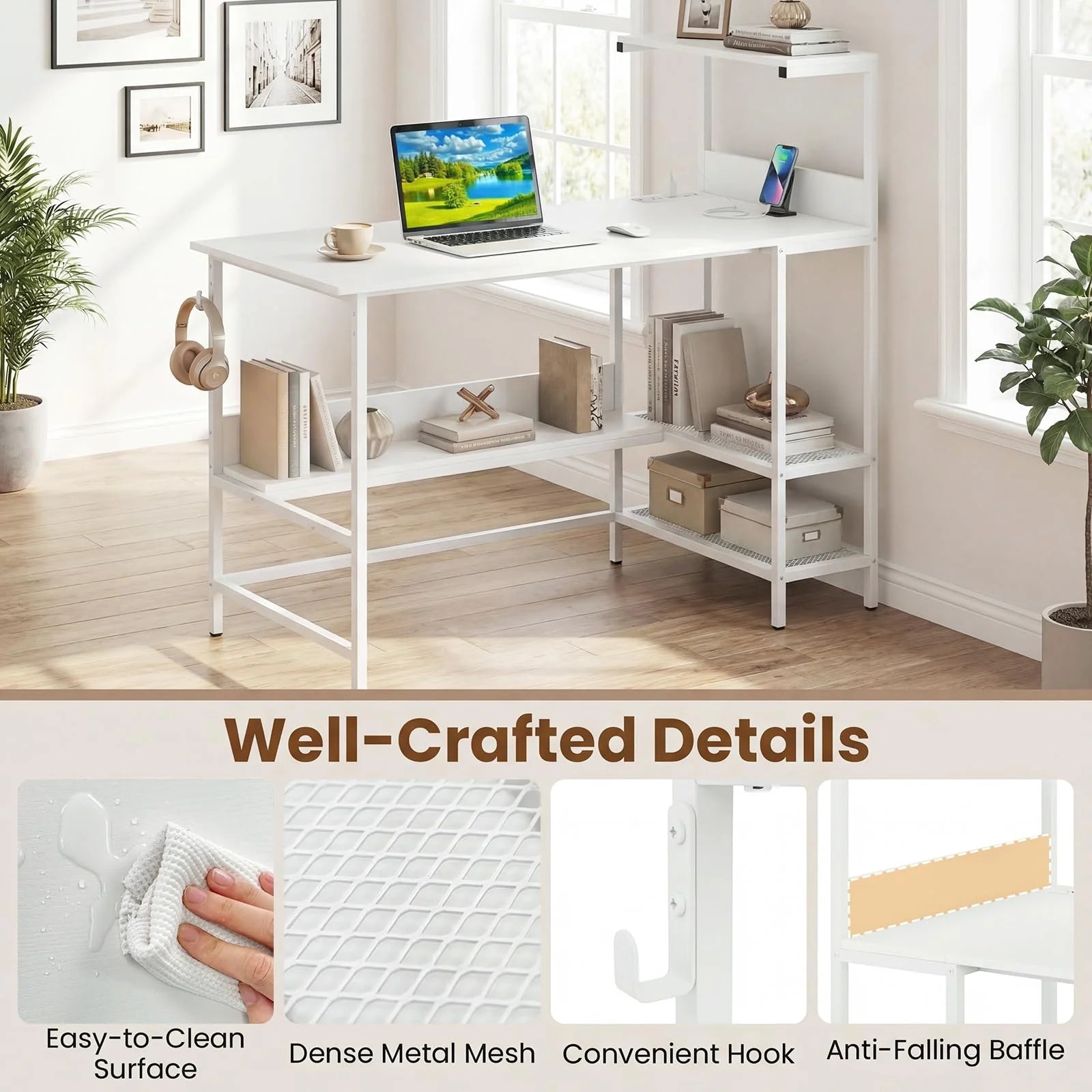 Tangkula 48" Reversible Computer Desk with Bookshelves & Power Outlets